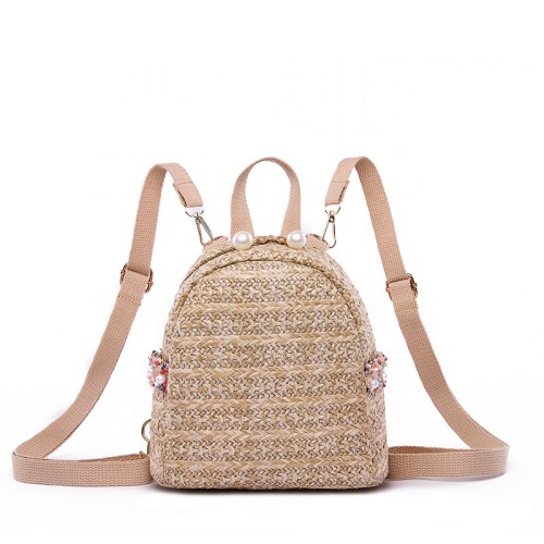 Women ladies small summer hand crochet straw woven beach backpack