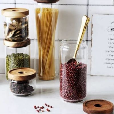 Customized Wholesale Glass Food Storage Containers 0.35L Kitchen Container with wood Lids