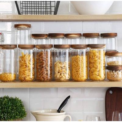 Customized Wholesale Glass Food Storage Containers 500ml+1000ml set of 4 Kitchen Container with wood Lids