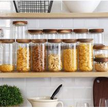 Customized Wholesale Glass Food Storage Containers 500ml+1000ml set of 4 Kitchen Container with wood Lids