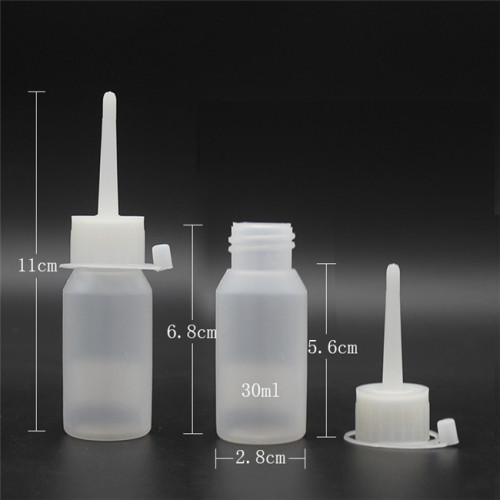 Sanle 30ml PE round engine oil bottle with long tip cap
