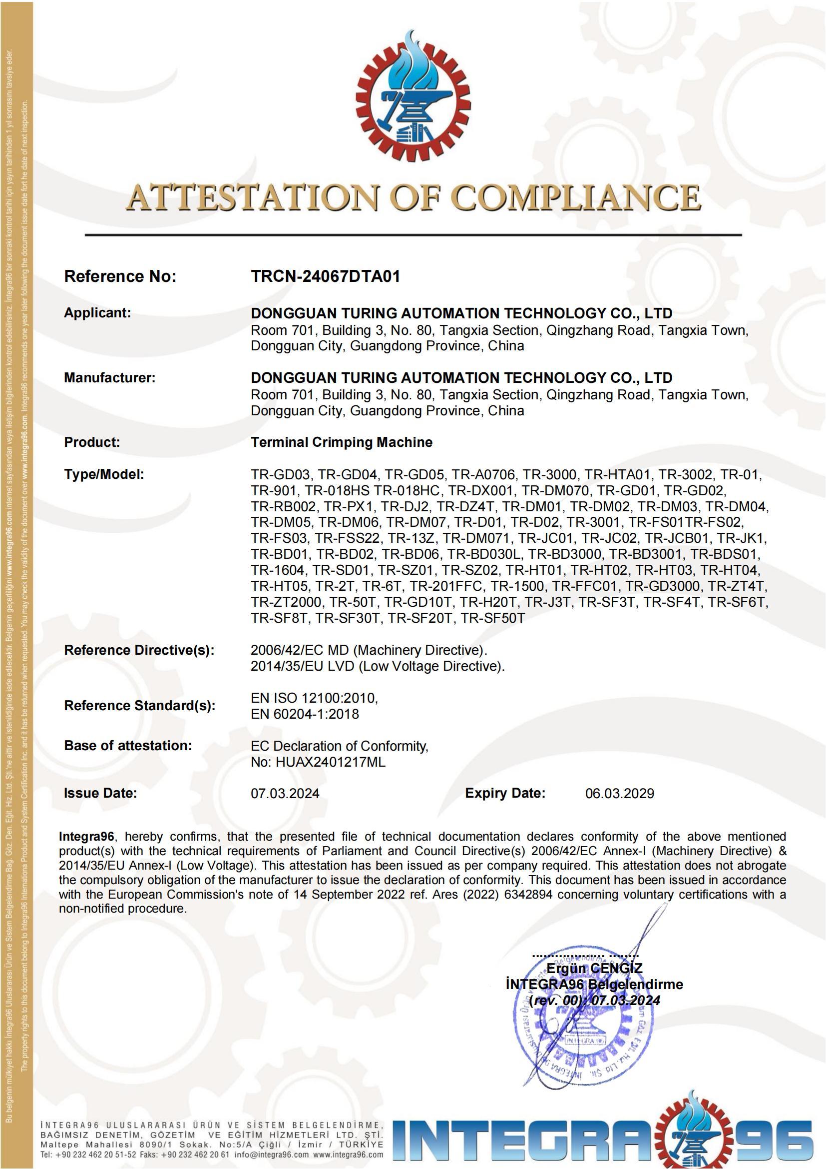 CE certificate for terminal crimping machine