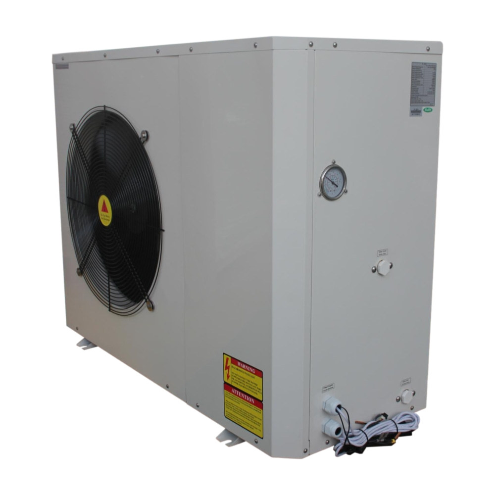 EVI monobloc heat pump unit showing outdoor installation configuration — the monoblock architecture that keeps refrigerant outside the building envelope