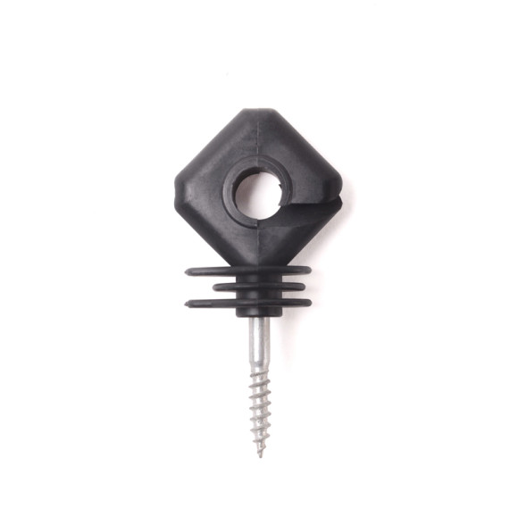 Aislador para cerca eléctrica, Aislador de anillo con acero moleteado, Aislador atornillado para poste de madera, Cuadrado, Negro
