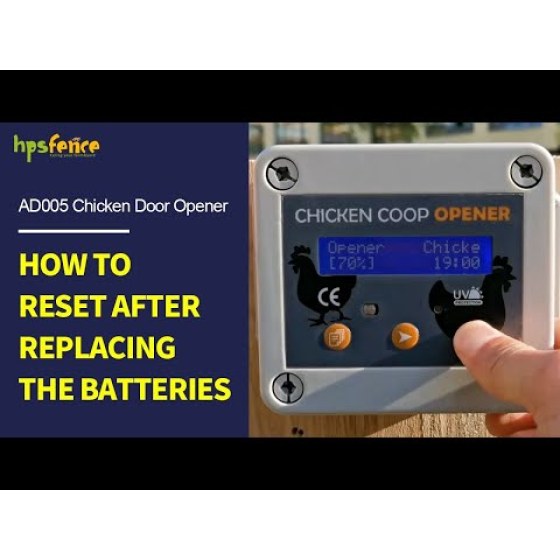 Como reiniciar após substituir as baterias do abridor automático de porta de frango HPS Fence AD005