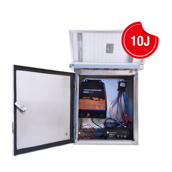 10 Joule Solar Power Fence Energizer, with Stainless Steel Box,Solar Fence Charger 15 Volt, Operated 100KM Electric Fence Charger