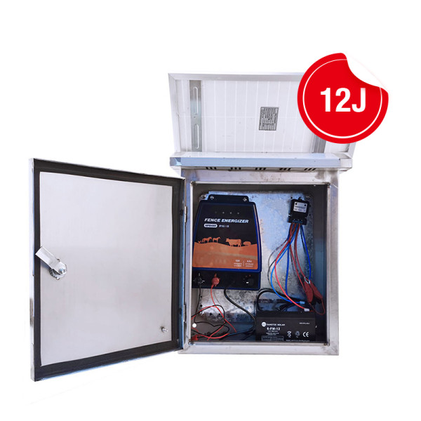 12 Joule Solar Power Fence Energizer, with Stainless Steel Box,Solar Fence Charger 15 Volt, Operated 120KM Electric Fence Charger