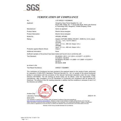 Energizador de cerca eléctrica HPSFENCE HPS350HPS480 Certificado LVD