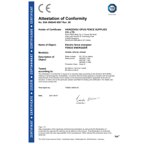 Energizador de cerca eléctrica HPSFENCE HPS050 HPS100 HPS200 Certificado EMC