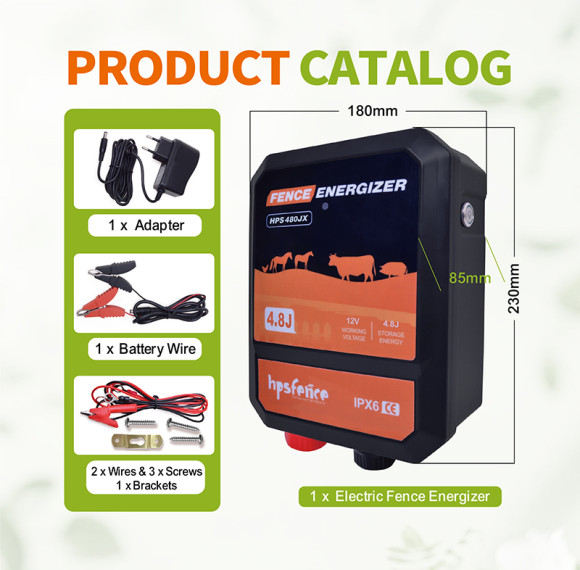 HPS480JX Fence Energizer 4.8J Output Energy 45KM Range IPX6 Waterproof Electric Fence Charger for Farm Livestock