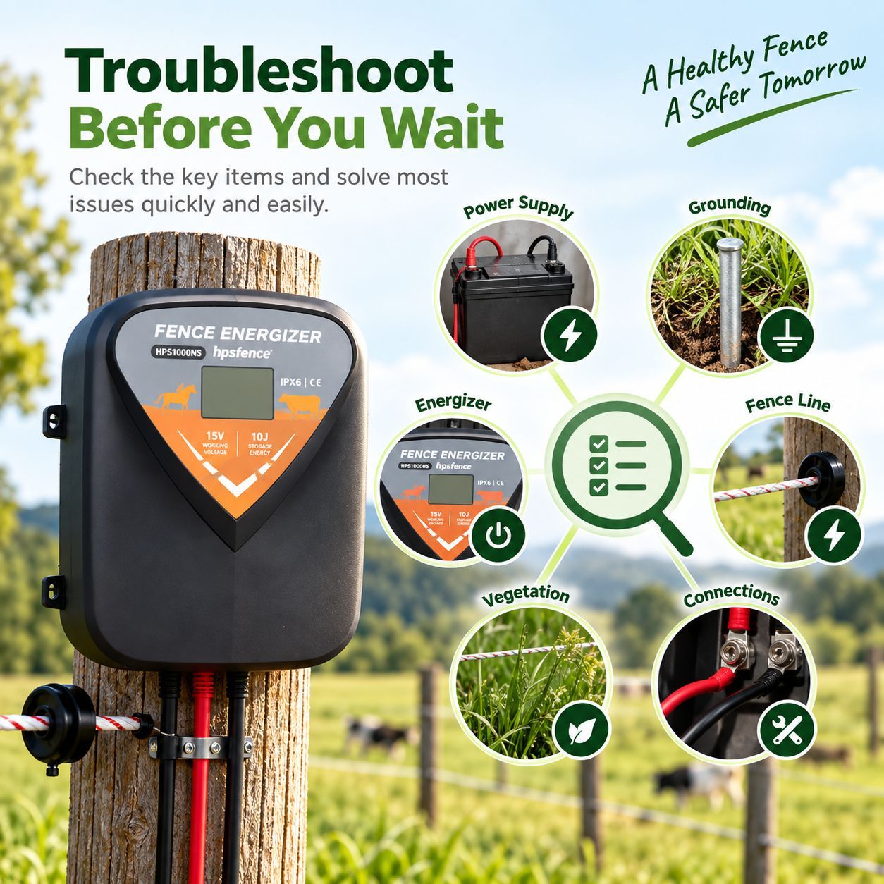 HPS FENCE 3.5J solar powered fence energizer for quick troubleshooting