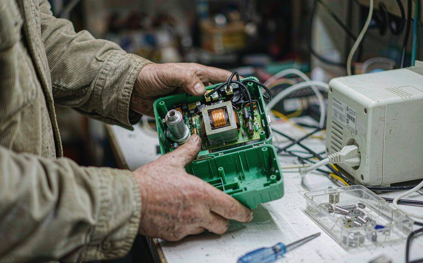 Technician assembling an energizer circuit board into its housing