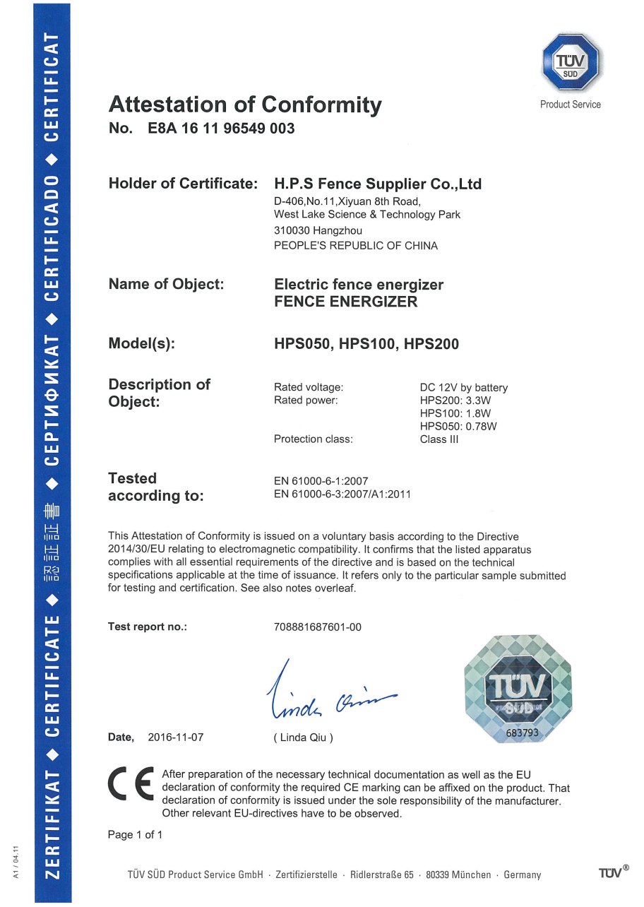 HPS Fence Energizer Series (HPS050 / HPS100 / HPS200) Successfully Passes EMC Compliance Certification