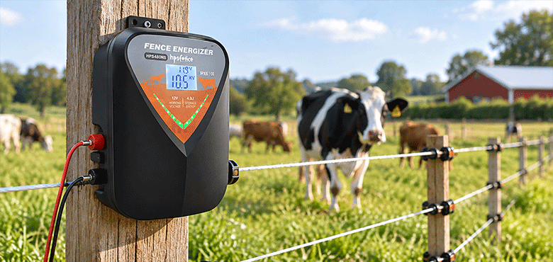 Livestock grazing behind an electric fence on a European farm