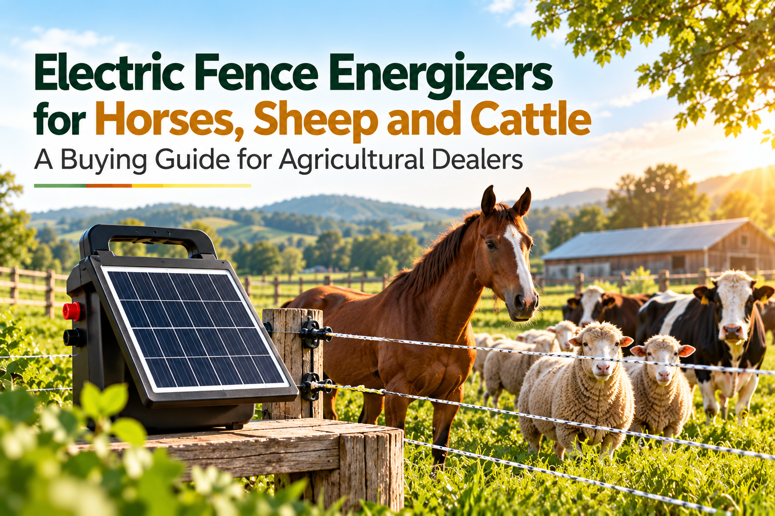 Multi-wire electric fence across a pasture with horses and cattle