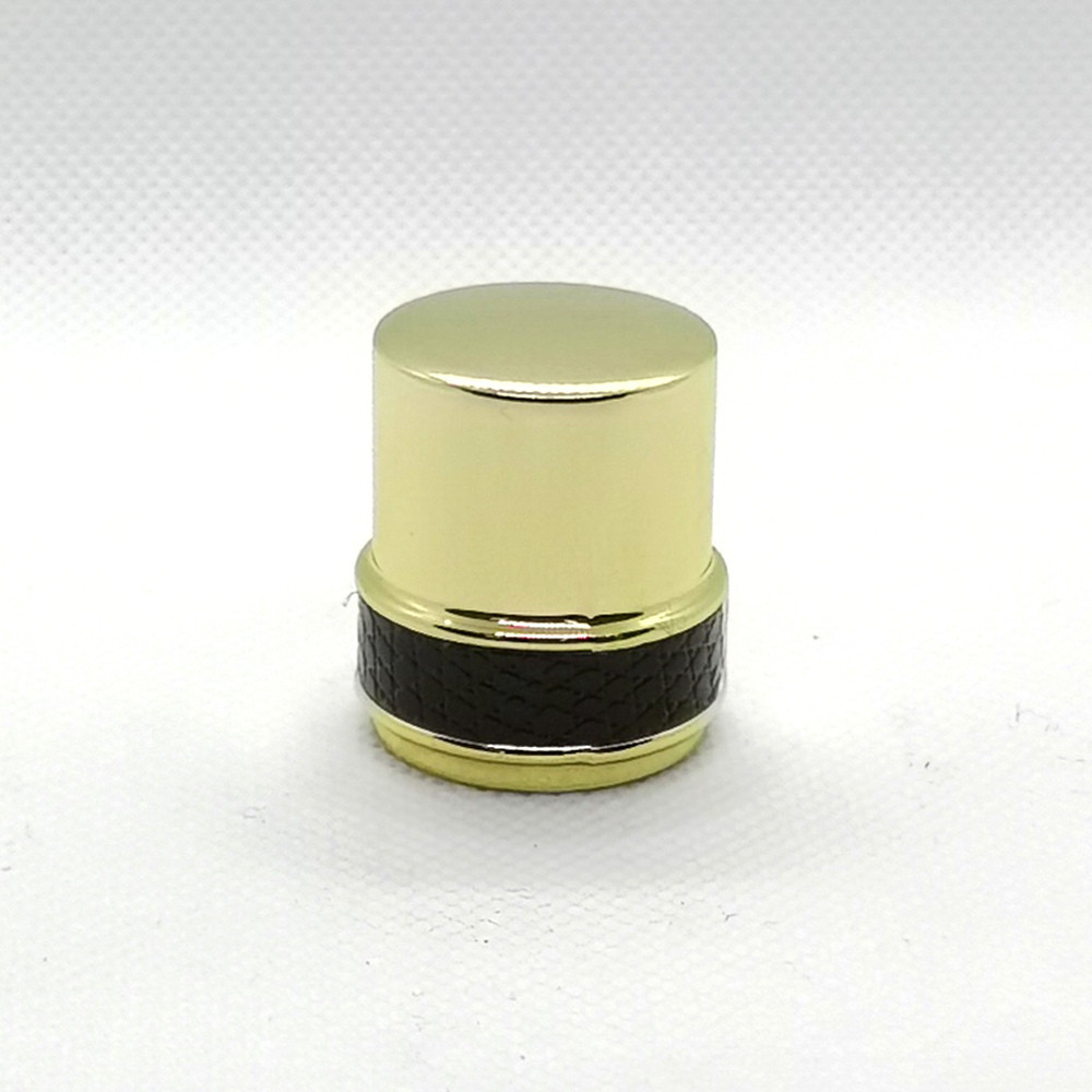 Glass bottles zamac perfume cap wholesale | golden plated with leather | standard FEA15mm | GP Bottles OEM ODM Manufacturing