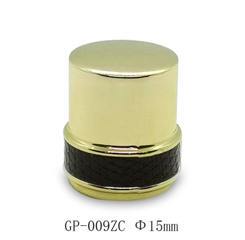 Glass bottles zamac perfume cap wholesale | golden plated with leather | standard FEA15mm | GP Bottles OEM ODM Manufacturing