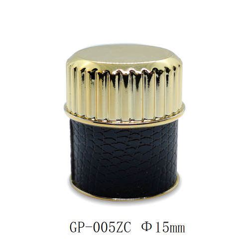 Custom perfume cap zinc alloy with leather wholesale | zamak perfume cap | FEA15 glass bottle | GP Bottles OEM ODM Manufacturing