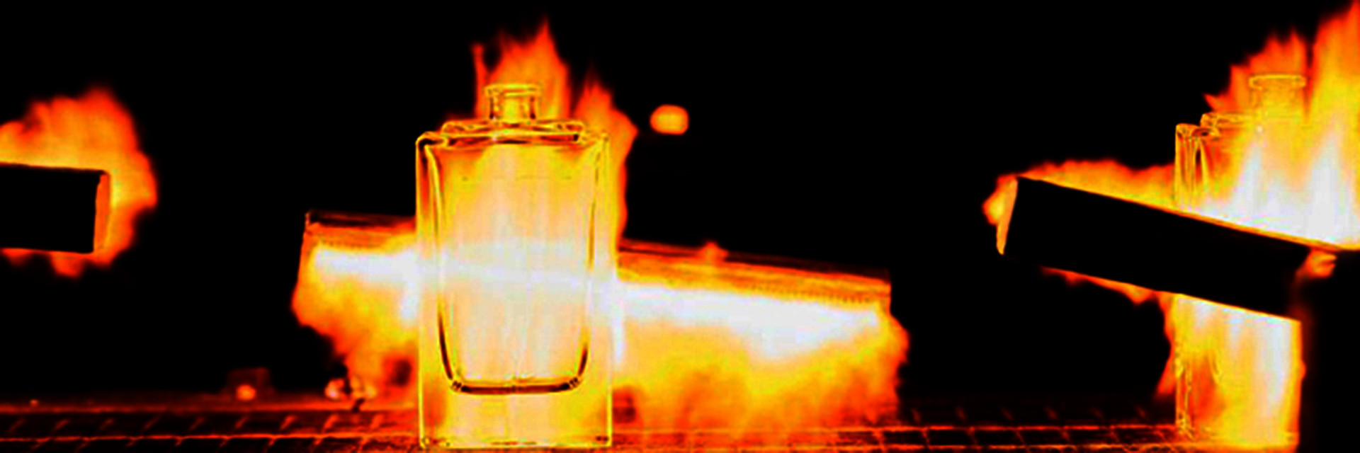 Perfume bottles made from molten glass, from furnace to finished bottle