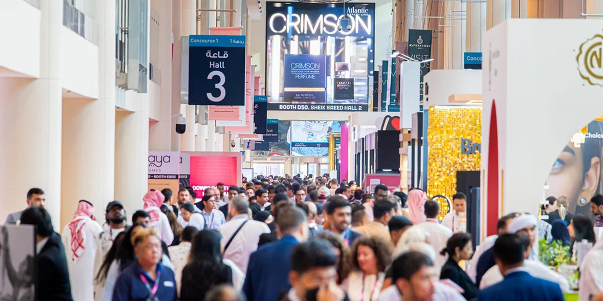 Visitors and exhibitors at Beautyworld Middle East 2025 exploring innovative beauty and perfume packaging solutions.