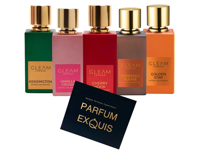 GLEAM perfume collection with elegant glass bottles