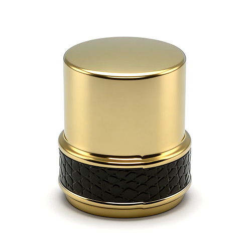 Glass bottles zamac perfume cap wholesale | golden plated with leather | standard FEA15mm | GP Bottles OEM ODM Manufacturing