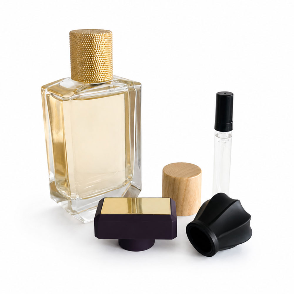 Low MOQ custom perfume bottle with interchangeable zamac, wooden and plastic caps