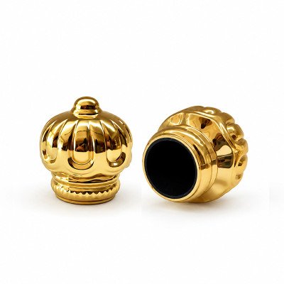 Golden plated zamac perfume cap wholesale | crown shape perfume cap | zinc alloy cap | zamak cap for glass bottle | GP Bottles Manufacturing