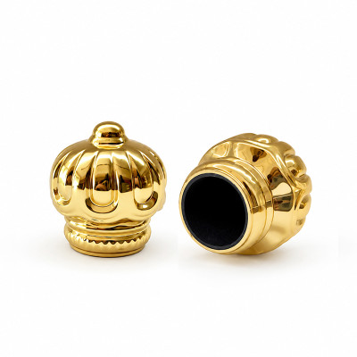 Golden plated zamac perfume cap wholesale | crown shape perfume cap | zinc alloy cap | zamak cap for glass bottle | GP Bottles Manufacturing