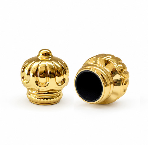 Golden plated zamac perfume cap wholesale | crown shape perfume cap | zinc alloy cap | zamak cap for glass bottle | GP Bottles Manufacturing
