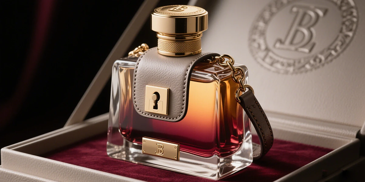 Custom cologne bottle with leather-textured lacquer and metallic clasp, inspired by luxury handbags