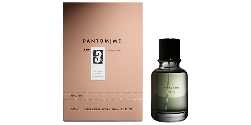 PANTOMIME Parfum clear round perfume bottle with black top, combining artistic design and modern simplicity.