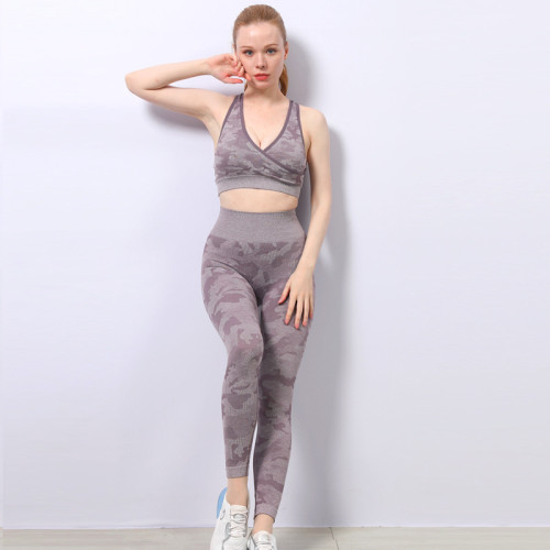 Camouflage shark high stretch bra trousers yoga suit set