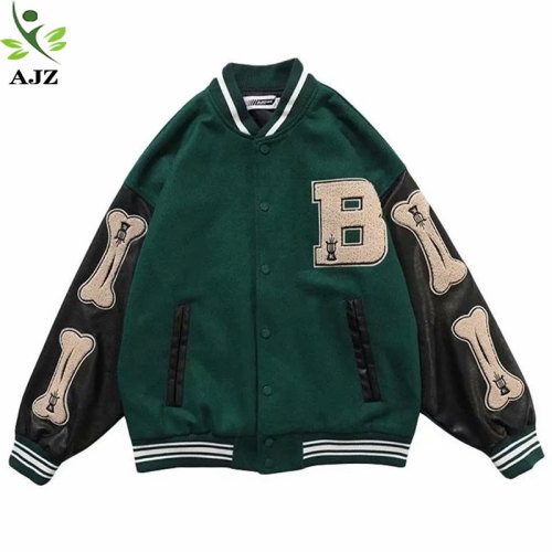 Wool Body Leather Sleeves Embroidery Logo Varsity Jacket For Men