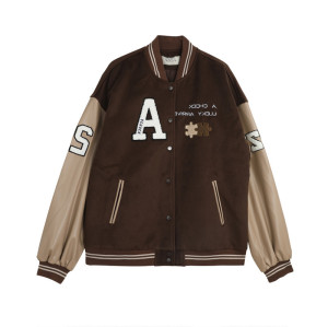 Wool Body Leather Sleeves  Embroidery Logo Varsity Jacket For Men