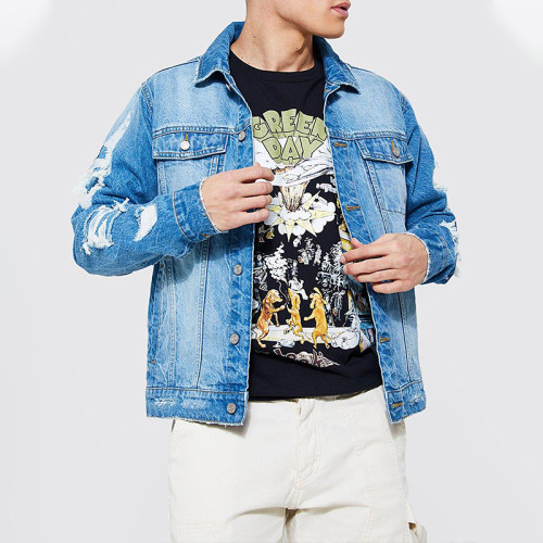 2022 Men Latest Regular Fit Ripped Denim Jacket Wholesale