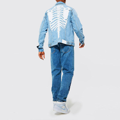 Factory Custom Trendy Denim Mens Skull Applique Regular  Denim Jacket