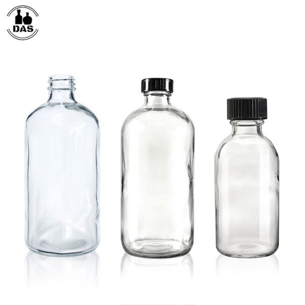 Boston Round Glass Bottles | Clear Glass Bottles with Black Poly Cone Caps for Juice, Potion, Liquor, Kombucha