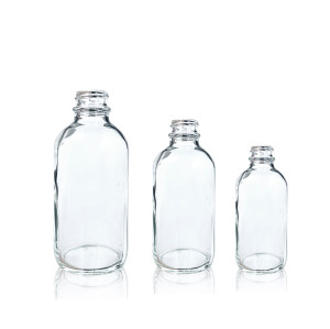 Boston Round Glass Bottles | Clear Glass Bottles with Black Poly Cone Caps for Juice, Potion, Liquor, Kombucha