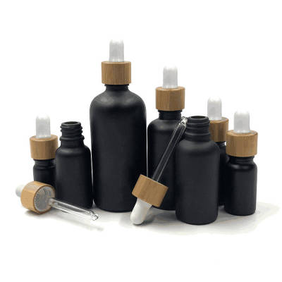 Custom Euro Essential Oil Glass Dropper Bottles Matte Black 5ml 10ml 15ml 20ml 30ml with Bamboo Dropper