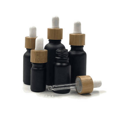 Custom Euro Essential Oil Glass Dropper Bottles Matte Black 5ml 10ml 15ml 20ml 30ml with Bamboo Dropper
