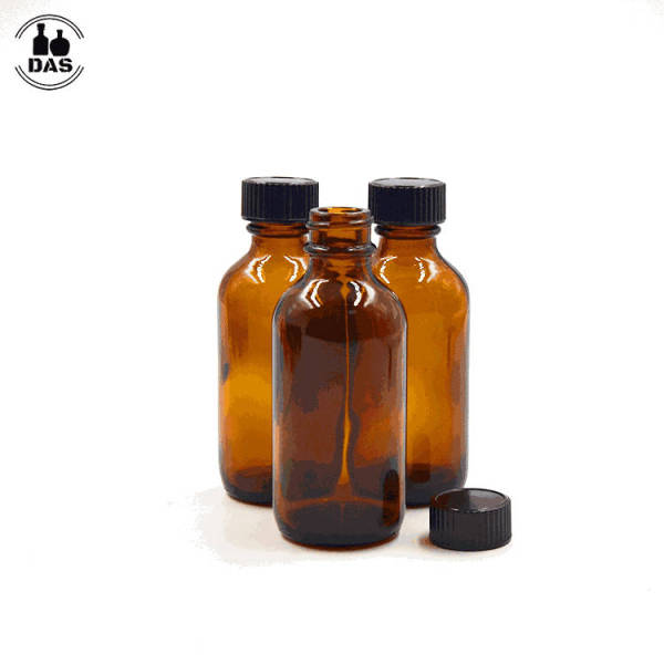 Amber Glass Bottles | 1oz Empty Refillable Boston Round Glass Bottles with Black Polycone Lined Caps for syrups, any liquids.