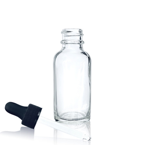 Custom Clear Glass Bottles | 1oz Boston Round Glass Bottles with Eye Black Ribbed Droppers for Serum, Essential oils