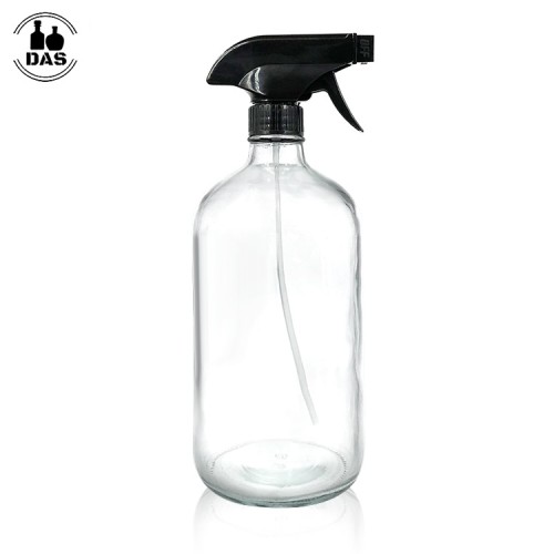 Botellas de spray de vidrio transparente de 16 oz | Botellas de vidrio redondas Boston recargables con rociador de gatillo negro para limpiar plantas de nebulización, riego de flores, cuidado del cabello