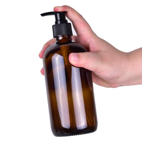 Wholesale 16 oz Amber Boston Round Glass Pump Bottles for Shampoo, Hand Sanitizer, Lotion