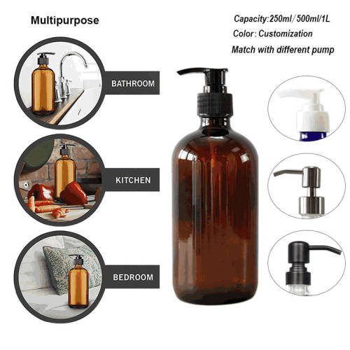 Wholesale 16 oz Amber Boston Round Glass Pump Bottles for Shampoo, Hand Sanitizer, Lotion