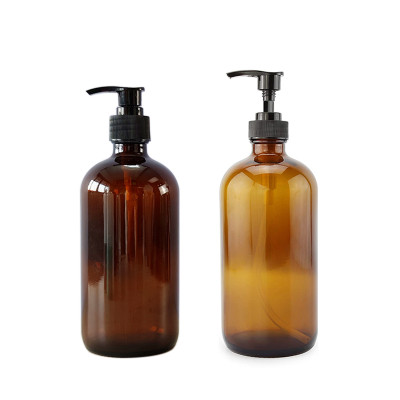 Wholesale 16 oz Amber Boston Round Glass Pump Bottles for Shampoo, Hand Sanitizer, Lotion