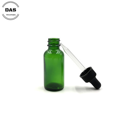 Green Glass Bottles 1 oz for Essential Oil Serum Tincture | Boston Round Euro Glass Dropper Bottles with Black Ribbed Dropper