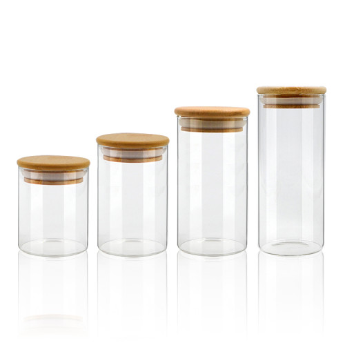 Frascos de recipiente de almacenamiento de alimentos de cocina de vidrio personalizados con tapas de bambú herméticas para especias de café de pasta