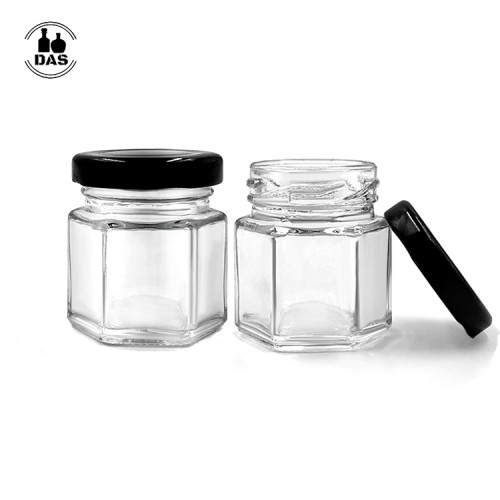 Gros bocaux hexagonaux en verre 45 ml avec couvercles noirs | Mini pots de stockage en verre de cuisine pour le miel, les épices